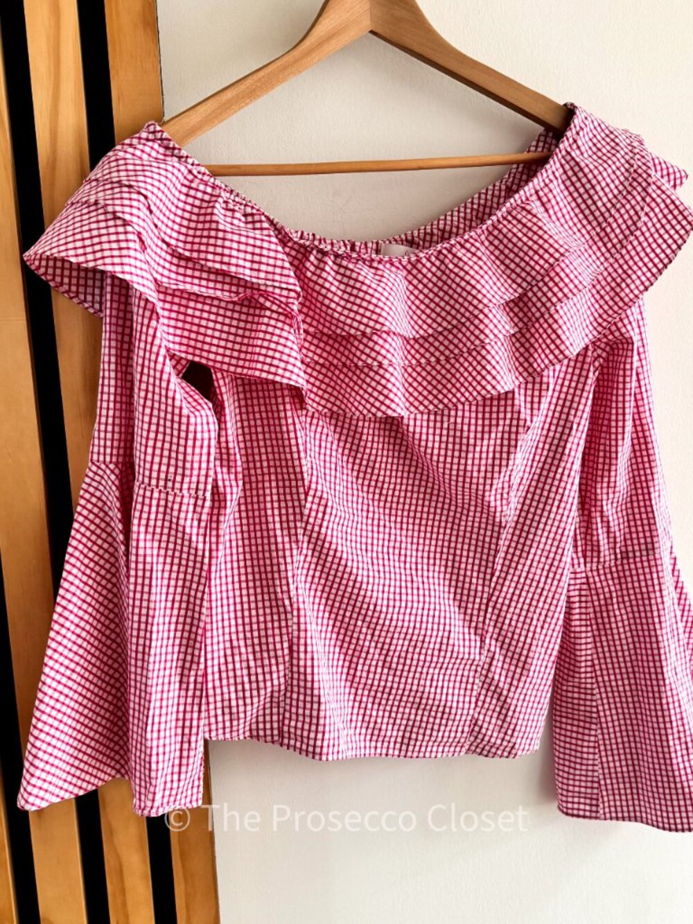 Scripted Cottagecore Gingham Off Shoulder Ruffle Blouse Top (M) - Picture 3 of 6